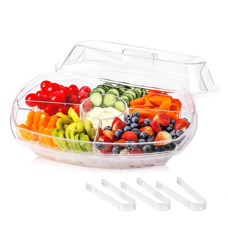 IVYHOME Fruit Ice Serving Tray, Chilled Veggie Tray, Shrimp Cocktail Serving Dish, Appetizer Serving Platter for Parties, with Lid and 4 Compartments - Image 1