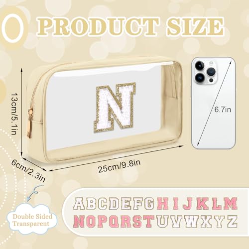 Iqimott Small Clear Personalized Initial Makeup Bag,Nylon Preppy A-Z Chenille Letter Patch Cosmetic Pouch Beach Toiletry Bag,Waterproof Zipper Travel Purse Storage Bag Organizer for Women Girls(Beige-White N) - Image 2