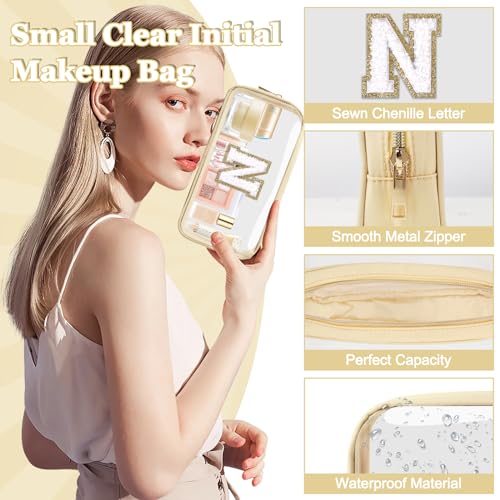 Iqimott Small Clear Personalized Initial Makeup Bag,Nylon Preppy A-Z Chenille Letter Patch Cosmetic Pouch Beach Toiletry Bag,Waterproof Zipper Travel Purse Storage Bag Organizer for Women Girls(Beige-White N) - Image 3
