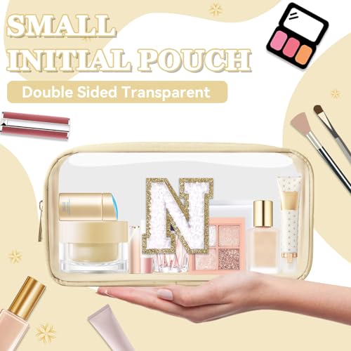 Iqimott Small Clear Personalized Initial Makeup Bag,Nylon Preppy A-Z Chenille Letter Patch Cosmetic Pouch Beach Toiletry Bag,Waterproof Zipper Travel Purse Storage Bag Organizer for Women Girls(Beige-White N) - Image 4