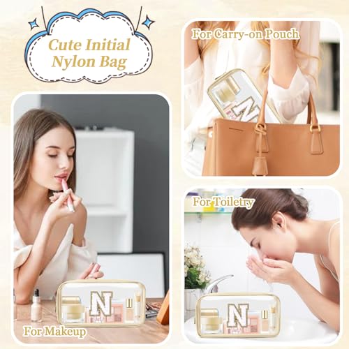 Iqimott Small Clear Personalized Initial Makeup Bag,Nylon Preppy A-Z Chenille Letter Patch Cosmetic Pouch Beach Toiletry Bag,Waterproof Zipper Travel Purse Storage Bag Organizer for Women Girls(Beige-White N) - Image 5