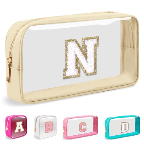 Iqimott Small Clear Personalized Initial Makeup Bag,Nylon Preppy A-Z Chenille Letter Patch Cosmetic Pouch Beach Toiletry Bag,Waterproof Zipper Travel Purse Storage Bag Organizer for Women Girls(Beige-White N) - Image 1
