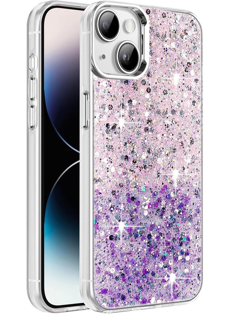 Compatible with iPhone 14 Case/iPhone 13 Case, Clear Glitter Bling Sparkly, Soft TPU Frame Bumper, Hard-Back Cover for Women & Girls, Transparent Protective (Pink Purple) - Image 1