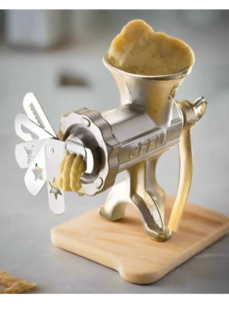 eBasket - Manual Meat Grinder Biscuit Maker - Cast Iron - Size 10 Multifunctional meat and vegetable grinder combines a meat grinder, vegetable blender, biscuit and cookie maker in one device, saving space in the kitchen and making it easier for you to multitask. Elegant design and high precision: Made of high-quality cast iron in modern and attractive colors, it adds an aesthetic touch to your kitchen and grabs everyone's attention. High-quality materials: The cast iron used in the manufacture of the grinder provides exceptional durability and strength, ensuring that it can withstand many years of intensive use. Easy to install and use: The grinder can be easily installed on any table in the kitchen and adjusted tightly. The design also has a practical size that makes it easy to use and clean. Cookie and biscuit making capabilities: It allows you to make biscuits and cookies in different shapes and sizes and add a special touch to your meals. - Image 1