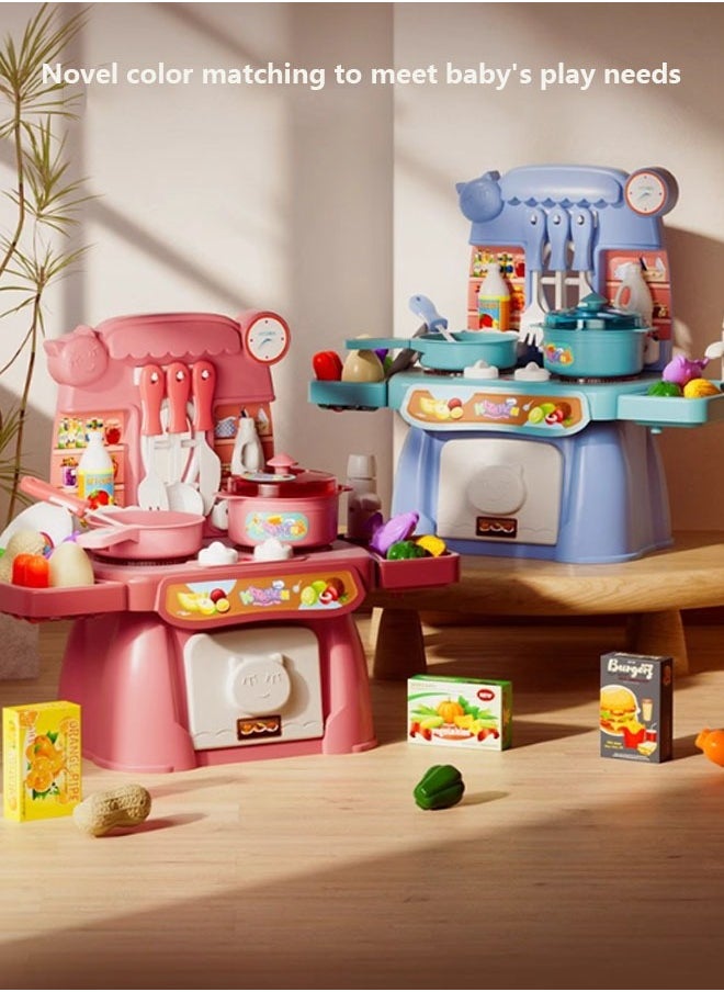 null - Kitchen Pretend Toy Set,34PCS Set,Kids Mini Kitchen Toys Simulation Cooking Set With Sound, Light And Music The Stove Can Be Rotated Can Dispense Water,With Kitchenware And Fruit Model For Girl And Boy (Blue) - Image 1