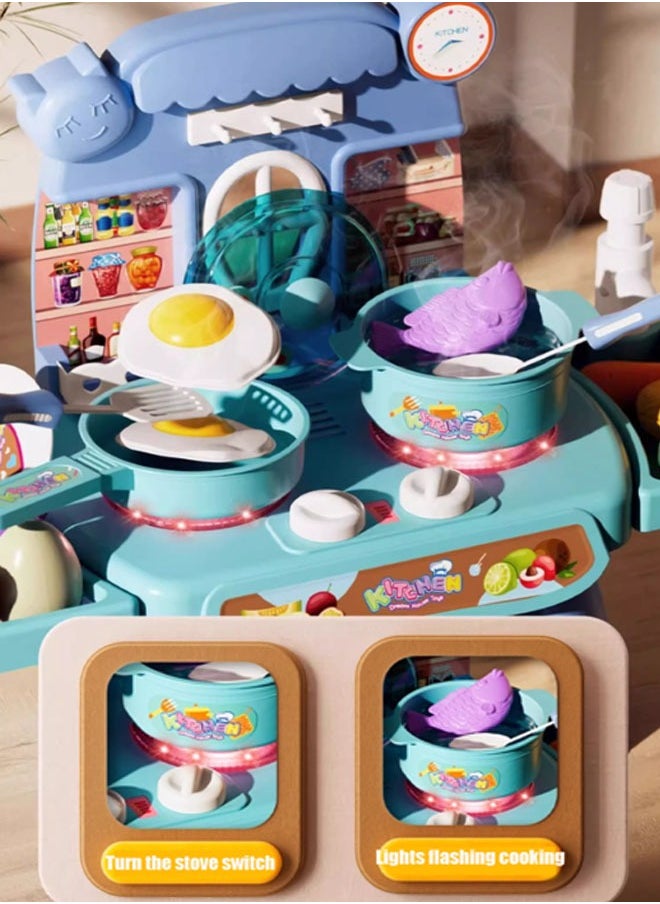 null - Kitchen Pretend Toy Set,34PCS Set,Kids Mini Kitchen Toys Simulation Cooking Set With Sound, Light And Music The Stove Can Be Rotated Can Dispense Water,With Kitchenware And Fruit Model For Girl And Boy (Blue) - Image 1