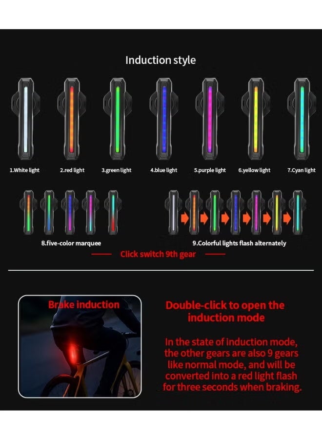 مصباح خلفي ذكي للدراجات مع استشعار الفرامل، إضاءة تحذيرية تلقائية، 9 أوضاع RGB، شحن سريع USB-C، مؤشر بطارية رقمي، مقاوم للماء IPX4 لركوب الدراجات ليلاً وعلى الطرق - Image 4
