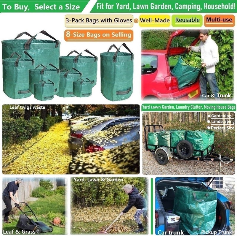 Tespher Standard 3-Pack 32 Gallon Lawn Garden Bags (D18,H30 inch) Yard Waste Bags with Gardening Gloves - Reusable Leaf Bags,Yard Debris,Trash Container,Plant Trimmings Bag,Grass Clippings,Weeds Bag 4 Handles - Image 2