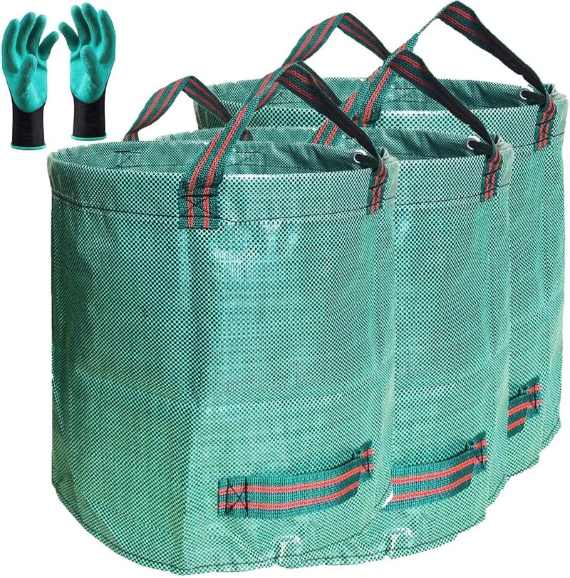 Tespher Standard 3-Pack 32 Gallon Lawn Garden Bags (D18,H30 inch) Yard Waste Bags with Gardening Gloves - Reusable Leaf Bags,Yard Debris,Trash Container,Plant Trimmings Bag,Grass Clippings,Weeds Bag 4 Handles - Image 1