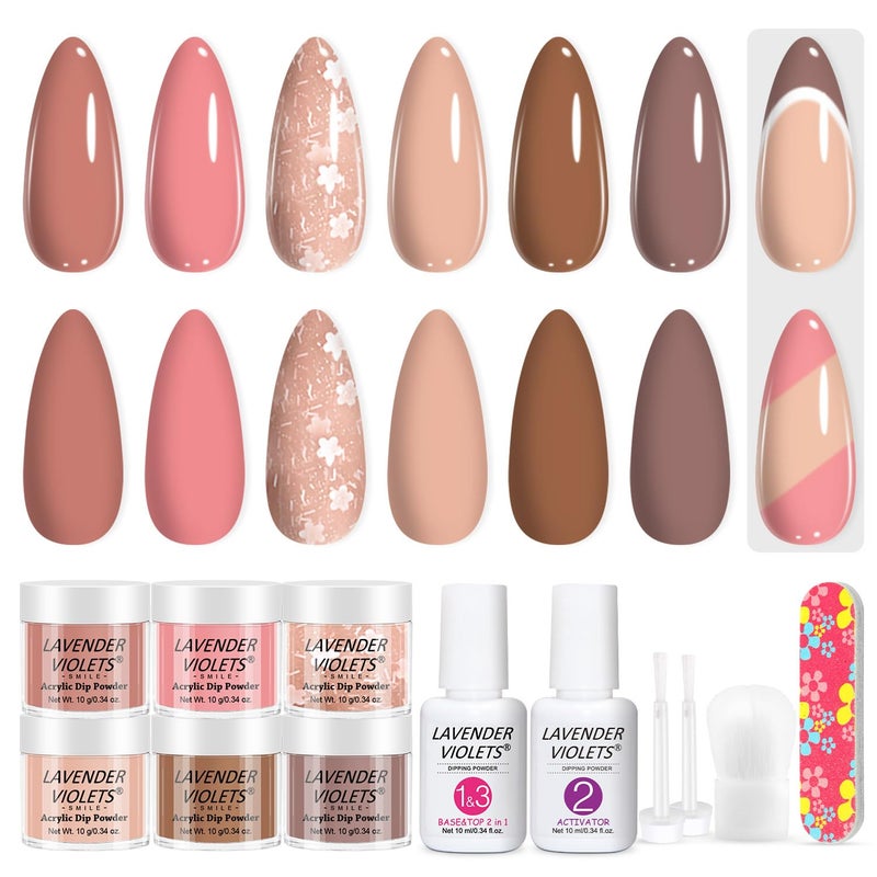 Lavender Violets 12Pcs Dip Powder Nail Kit - 6 Nude Pink Neutral Colors Dipping Powder System with Base & Top Coat Activator for French Manicure at Home M204 - Image 1