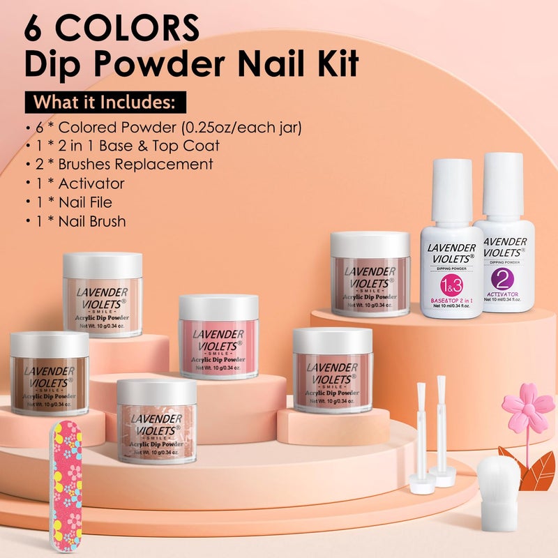 Lavender Violets 12Pcs Dip Powder Nail Kit - 6 Nude Pink Neutral Colors Dipping Powder System with Base & Top Coat Activator for French Manicure at Home M204 - Image 3