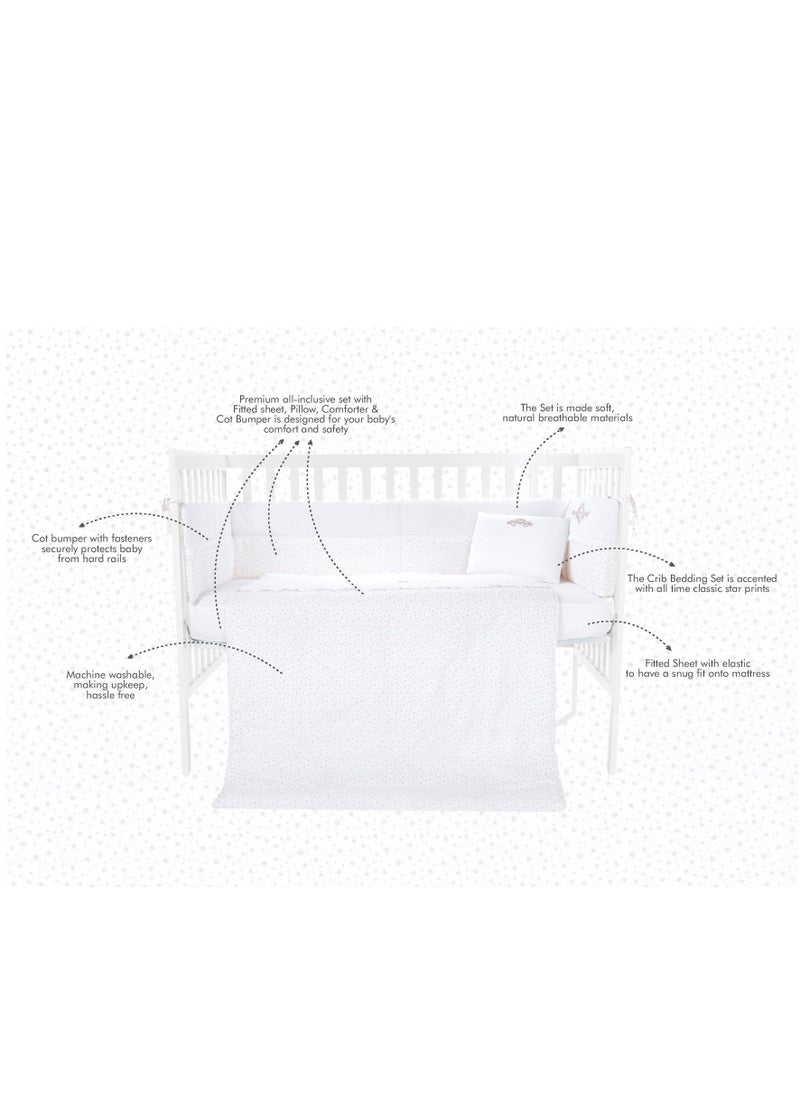 NINI Nini Baby 4-Piece Crib Bedding Set, Elegant Pink Star Print, 100% Cotton, Includes Fitted Sheet, Comforter, Pillow, Cushioned Reversible Cot Bumper, Fits Cots/Cribs Up to 70x140 cm  - Image 2