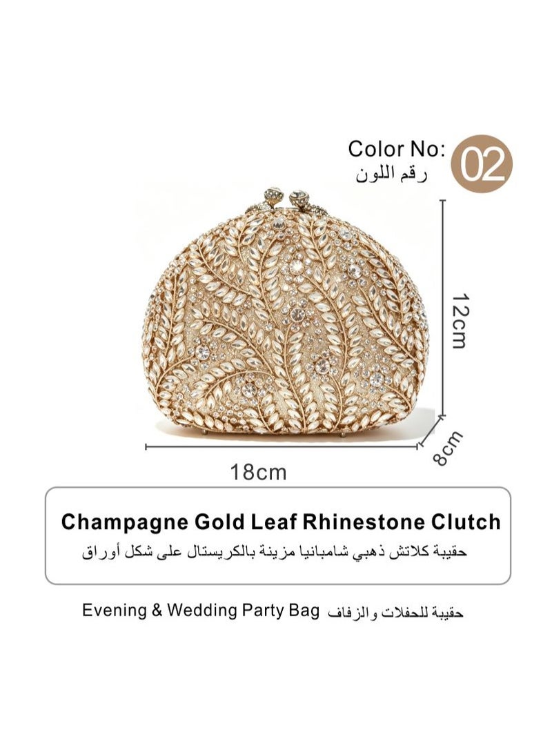 Luxury Leaf Rhinestone Evening Clutch Bag, Sparkly Crystal Formal Wedding Party Handbag with Detachable Shoulder Chain