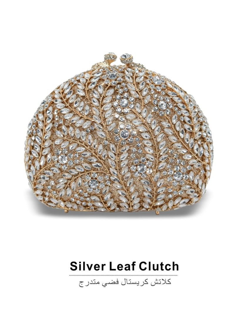 Luxury Leaf Rhinestone Evening Clutch Bag, Sparkly Crystal Formal Wedding Party Handbag with Detachable Shoulder Chain