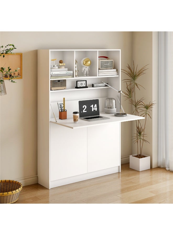 Extendable Storage Cabinet, Wooden Bookshelf Study Desk with Expandable Desktop, Multifunctional Open Storage Shelves with Organizer Cabinet, for House Corner Bedroom Living Room Office, 96*22*155.5cm (White) - Image 2