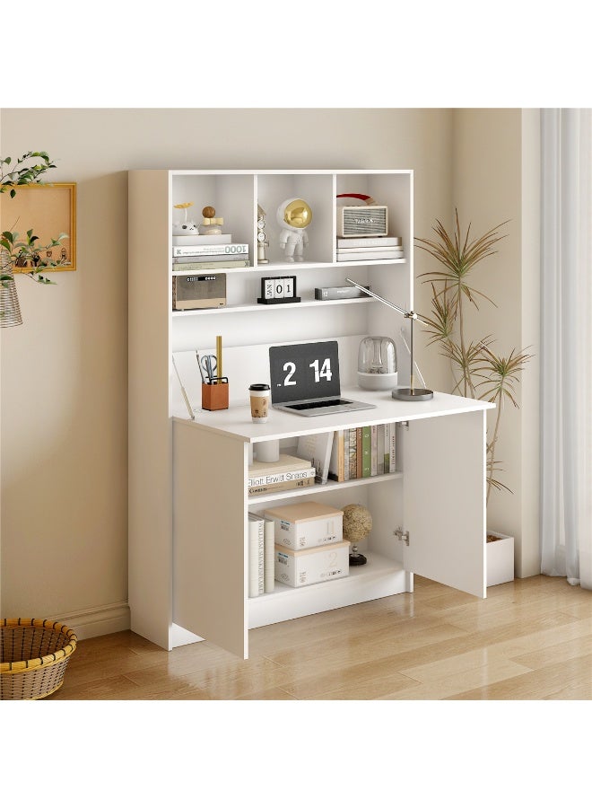Extendable Storage Cabinet, Wooden Bookshelf Study Desk with Expandable Desktop, Multifunctional Open Storage Shelves with Organizer Cabinet, for House Corner Bedroom Living Room Office, 96*22*155.5cm (White) - Image 3