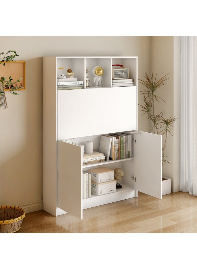 Extendable Storage Cabinet, Wooden Bookshelf Study Desk with Expandable Desktop, Multifunctional Open Storage Shelves with Organizer Cabinet, for House Corner Bedroom Living Room Office, 96*22*155.5cm (White) - Image 4