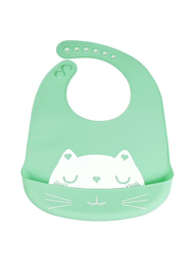 Thoraya Baby Silicone Bib Cat Pattern Waterproof Oil Proof Adjustable Feeding Bib with Food Catcher Green 