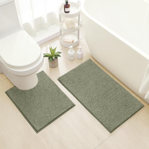 HOMEIDEAS Bathroom Rugs Set 2 Pieces, Ultra Soft Non Slip Absorbent Chenille Toilet Bath Mat Set (Sage Green) - Image 1