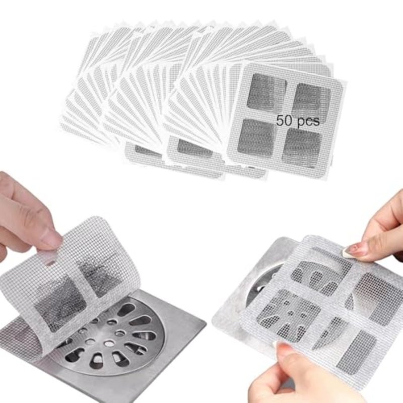 ملصقات فلتر تصريف الأرضية، 10 × 10 سم / 3.93 × 3.93 بوصة، 50 قطعة مربعة ذاتية اللصق للاستعمال مرة واحدة لتصريف الشعر وغطاء ملصقات إصلاح شاشة النافذة للمطبخ والحمام وغرفة الغسيل - Image 1