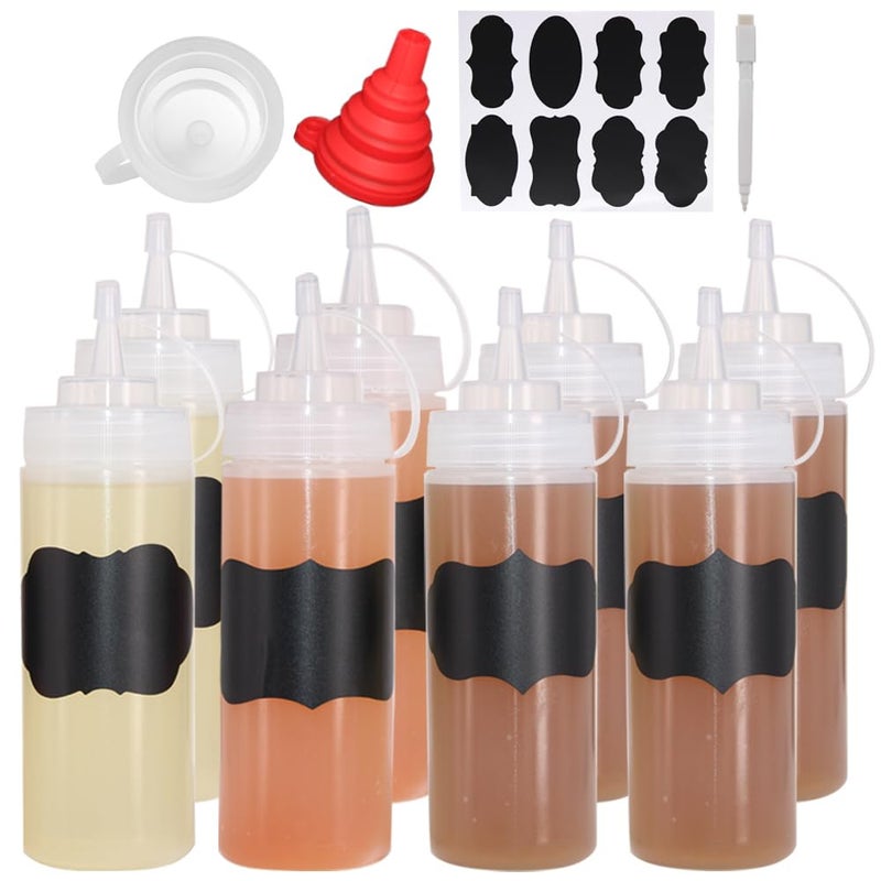 Belinlen 8 Pack 12 oz Plastic Squeeze Squirt Condiment Bottles with Cap Lids  Perfect for Condiments Oil Icing LiquidsSet of 8 with extra 1 Silicone Funnel 8 Chalk Labels and 1 Pen