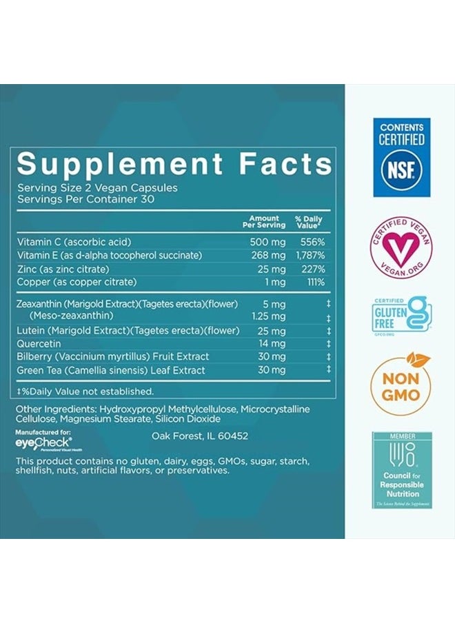 Eyecheck - Natural Eye Health Vitamins with Bilberry Zeaxanthin Lutein - Macular Support Supplement, Formula Based On AREDS2® Clinical Trials Plus Carotenoids Quercetin EGCG - Macutene® Protect (60 Capsules) - Image 1