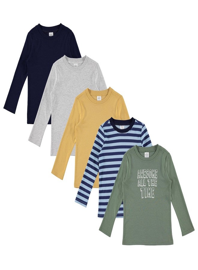 Cudlie 5-Pack Baby Boy Long Sleeve Shirt - Basic Tshirt Tops, Light Undershirt - Solid, Striped & Statement Tees, Size 12M - Image 1