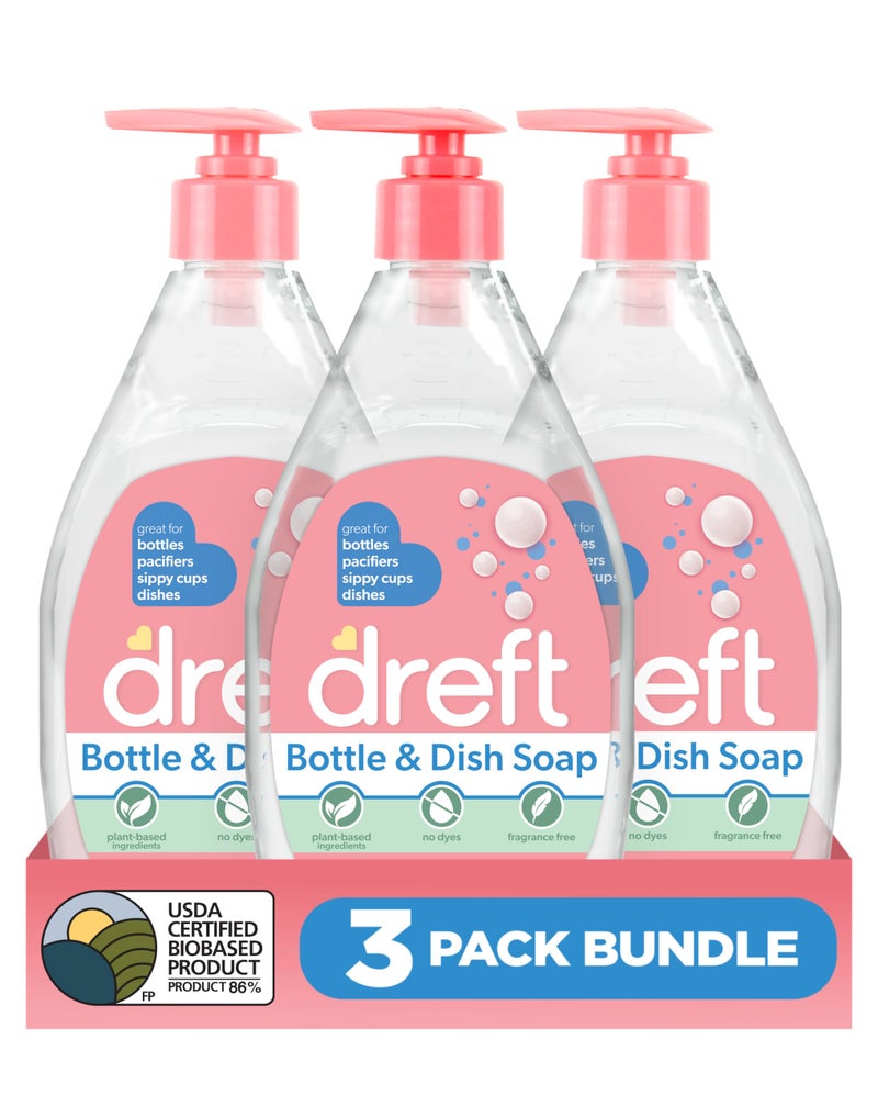 DREFT Bottle and Dish Soap | Made to Clean Baby Bottles, Sippy Cups, Pacifiers, Breast Pumps, & More | Gently Removes Milk Film & Odors | Plant Based, Fragrance Free Dish Soap | 18 Fl Oz (Pack of 3) - Image 1