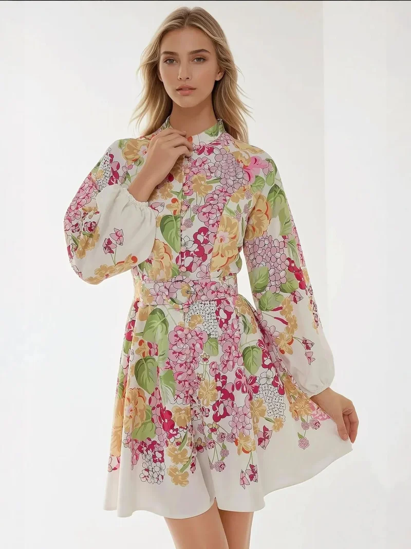 زوبعة فستان قصير مطبوع بحزام