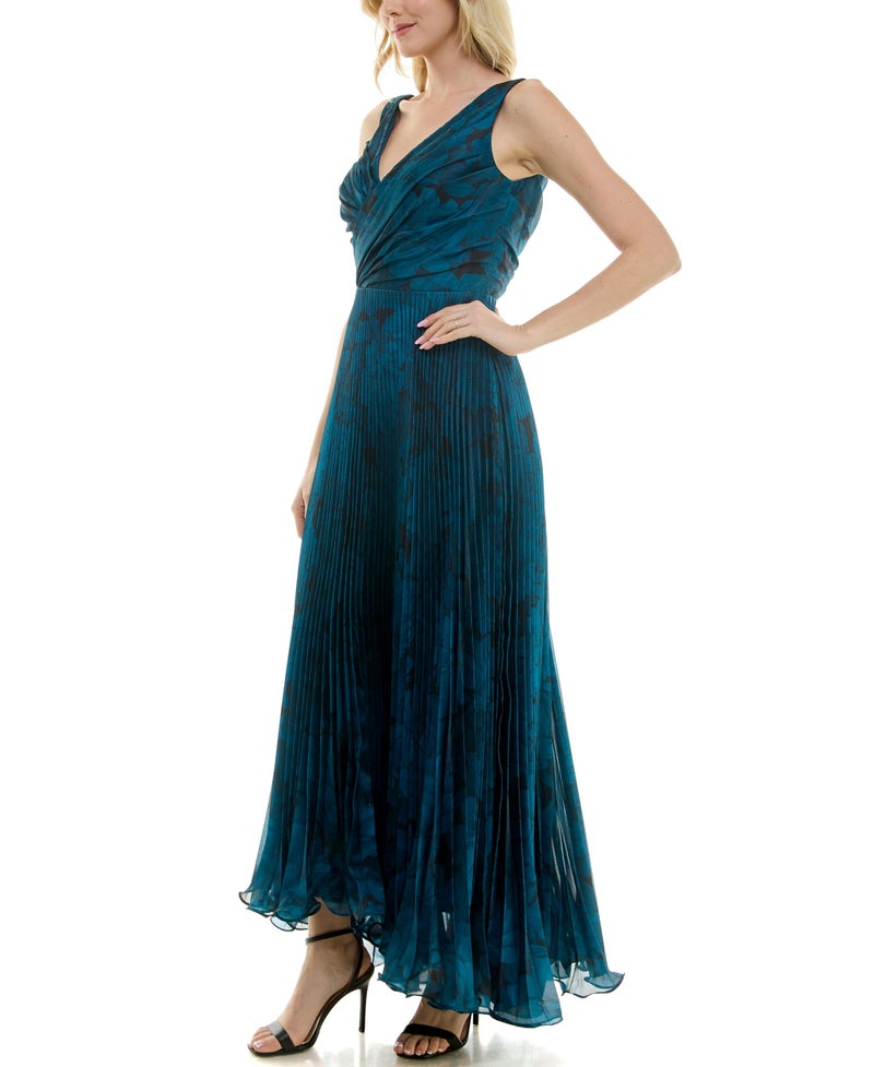Taylor Dresses Women's Sleeveless V Neck Pleated Wrap Bodice Gown, Crystal Teal Black, 2 - Image 2