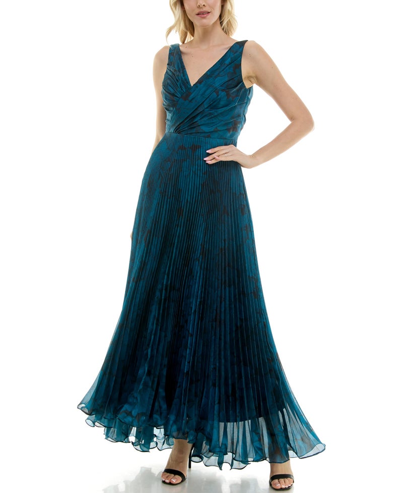 Taylor Dresses Women's Sleeveless V Neck Pleated Wrap Bodice Gown, Crystal Teal Black, 2 - Image 5
