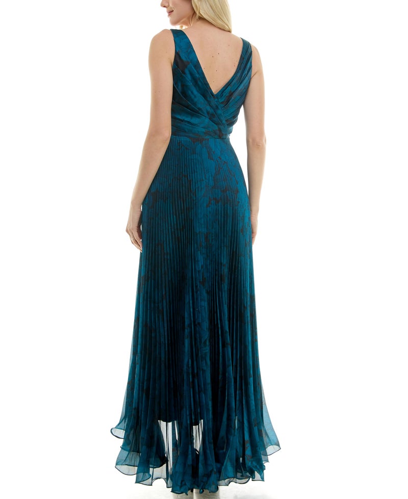 Taylor Dresses Women's Sleeveless V Neck Pleated Wrap Bodice Gown, Crystal Teal Black, 2 - Image 4