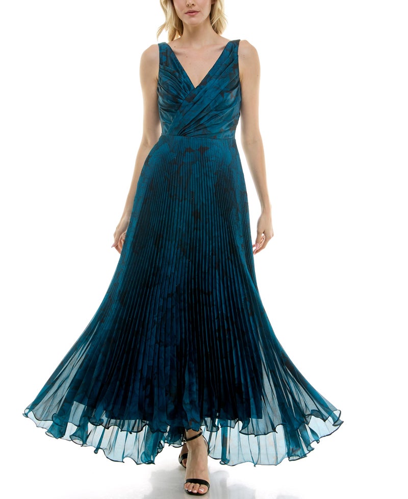 Taylor Dresses Women's Sleeveless V Neck Pleated Wrap Bodice Gown, Crystal Teal Black, 2 - Image 1