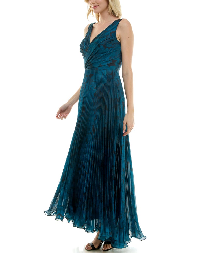Taylor Dresses Women's Sleeveless V Neck Pleated Wrap Bodice Gown, Crystal Teal Black, 2 - Image 3
