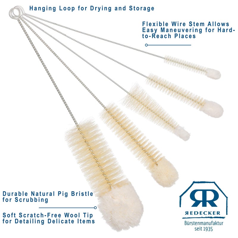 REDECKER Wool Tip Bottle Cleaning Brush Set with Pig Hair Bristles and Wire Handles, Set of 5, Various Sizes, Made in Germany - Bottle Cleaner Brush - Bottle Brush Soft Tip - Image 3