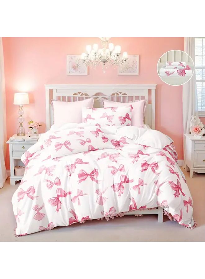 Polychrome Digital Printing Quilt Cover Set With Pink Bow 85G3 Month Polyester Bedding 3 Piece Set - Image 1