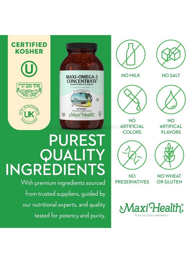 Maxi Health Omega 3 Supplement - Omega-3 Fish Oil Concentrate - Higher Potency Source of EPA/DHA Fatty Acids - Heart, Brain & Joint Health - Wild Caught Marine Fish - 180 Vegetarian Softgels - Image 2