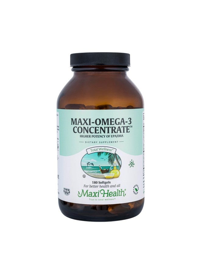 Maxi Health Omega 3 Supplement - Omega-3 Fish Oil Concentrate - Higher Potency Source of EPA/DHA Fatty Acids - Heart, Brain & Joint Health - Wild Caught Marine Fish - 180 Vegetarian Softgels - Image 1