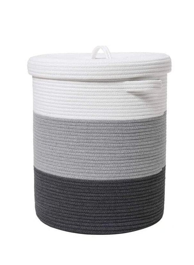 Juteify 12" x 12" x 14" Large Storage Basket with Lid, Cotton Rope Storage Baskets, Laundry Hamper, Blankets Pillows Storage in Living Room Baby Nursery, Basket With top Cover (Black Grey White) - Image 1