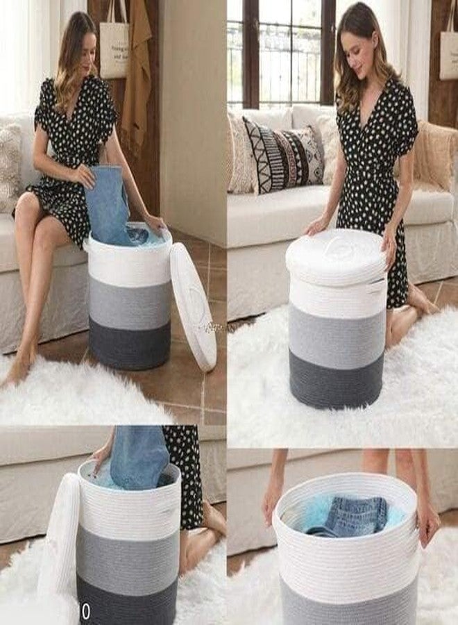 Juteify 12" x 12" x 14" Large Storage Basket with Lid, Cotton Rope Storage Baskets, Laundry Hamper, Blankets Pillows Storage in Living Room Baby Nursery, Basket With top Cover (Black Grey White) - Image 2