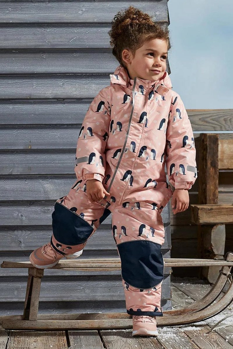 Tchibo Toddler Girl Hooded Allover Print Puffer Overall, Peach - Image 1