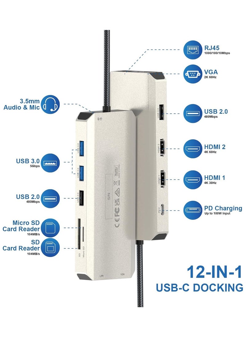 ماركة غير محددة محطة ربط USB C 12 في 1 مع شاشات مزدوجة وثلاثية HDMI، VGA، شحن PD 100W، Ethernet، 5 منافذ USB، قارئ SD/TF للماك، ديل، اتش بي، لينوفو  - Image 5