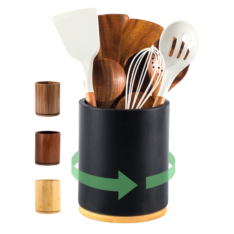 gorsent Wooden Utensil Holder, 360Â°Rotating 7.3'' Large Utensil Holder for Kitchen Counter, Kitchen Utensil Organizer, Utensil Crock, Farmhouse Kitchens Countertop Decor, Black Color - Image 1