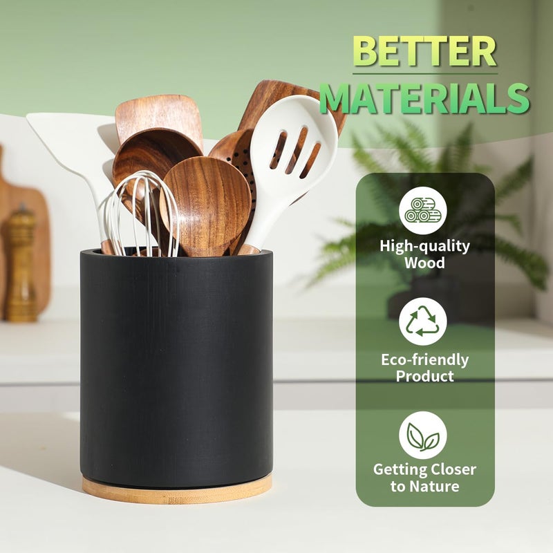 gorsent Wooden Utensil Holder, 360Â°Rotating 7.3'' Large Utensil Holder for Kitchen Counter, Kitchen Utensil Organizer, Utensil Crock, Farmhouse Kitchens Countertop Decor, Black Color - Image 5