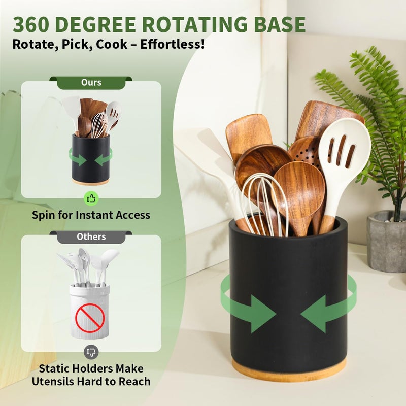 gorsent Wooden Utensil Holder, 360Â°Rotating 7.3'' Large Utensil Holder for Kitchen Counter, Kitchen Utensil Organizer, Utensil Crock, Farmhouse Kitchens Countertop Decor, Black Color - Image 3