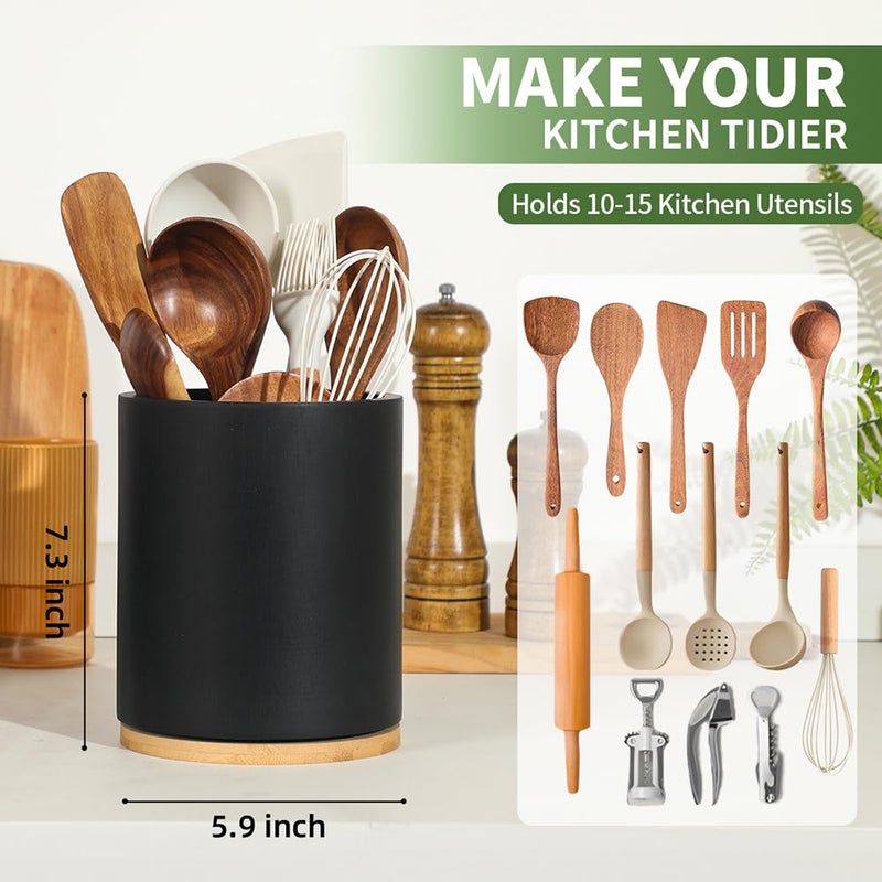 gorsent Wooden Utensil Holder, 360Â°Rotating 7.3'' Large Utensil Holder for Kitchen Counter, Kitchen Utensil Organizer, Utensil Crock, Farmhouse Kitchens Countertop Decor, Black Color - Image 2