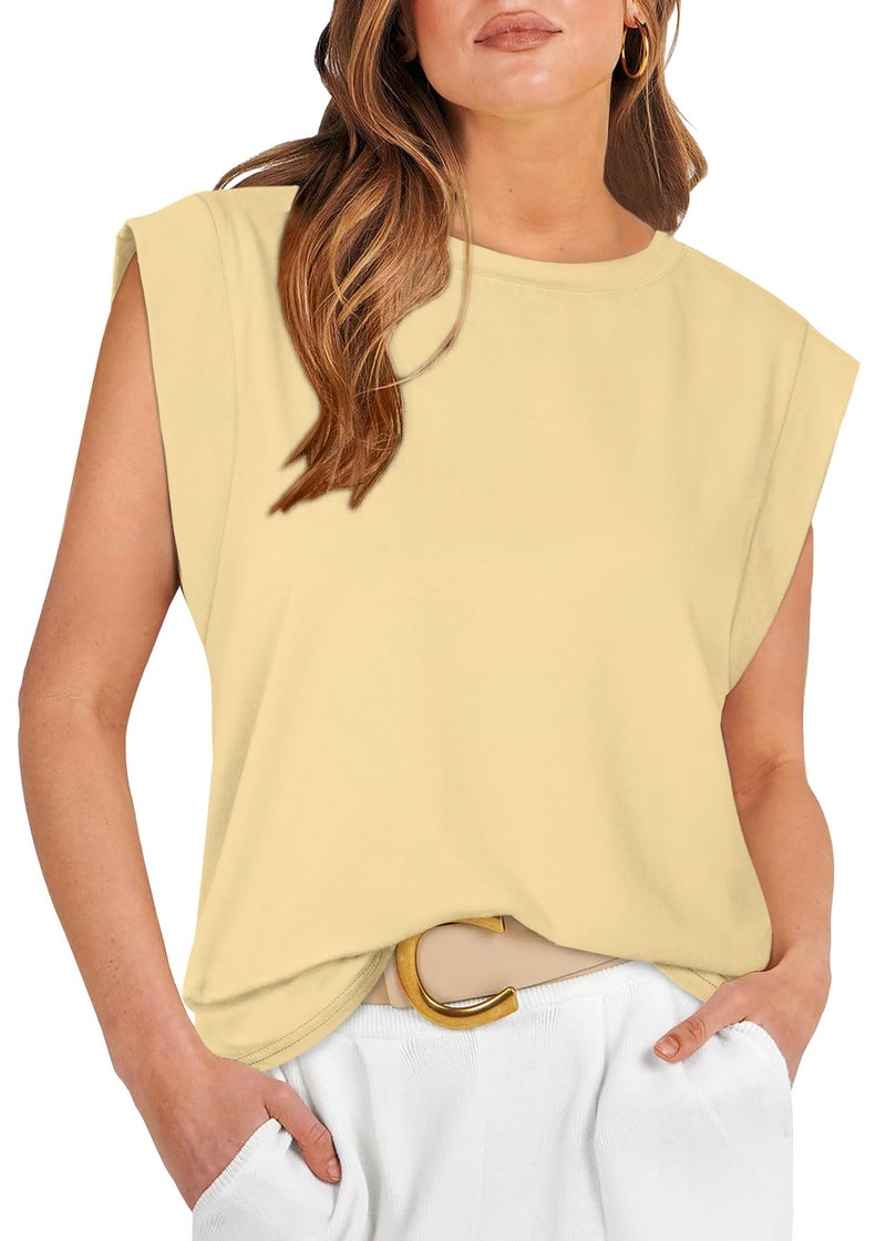 WIHOLL Tank Tops for Women Basic Tee Casual Short Sleeve T-Shirts Spring Cap Sleeve Tops Loose Fit Cotton Cruise Spring Summer Outfits Beach Vacation Clothes 2026 Pale Yellow L - Image 1