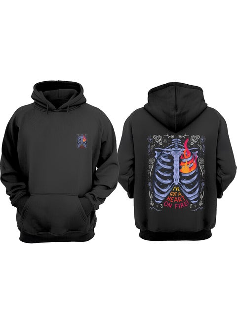 Unisex I and Got A Heart On Fire Design Front Back Printed Regular Fit Black Sweatshirt