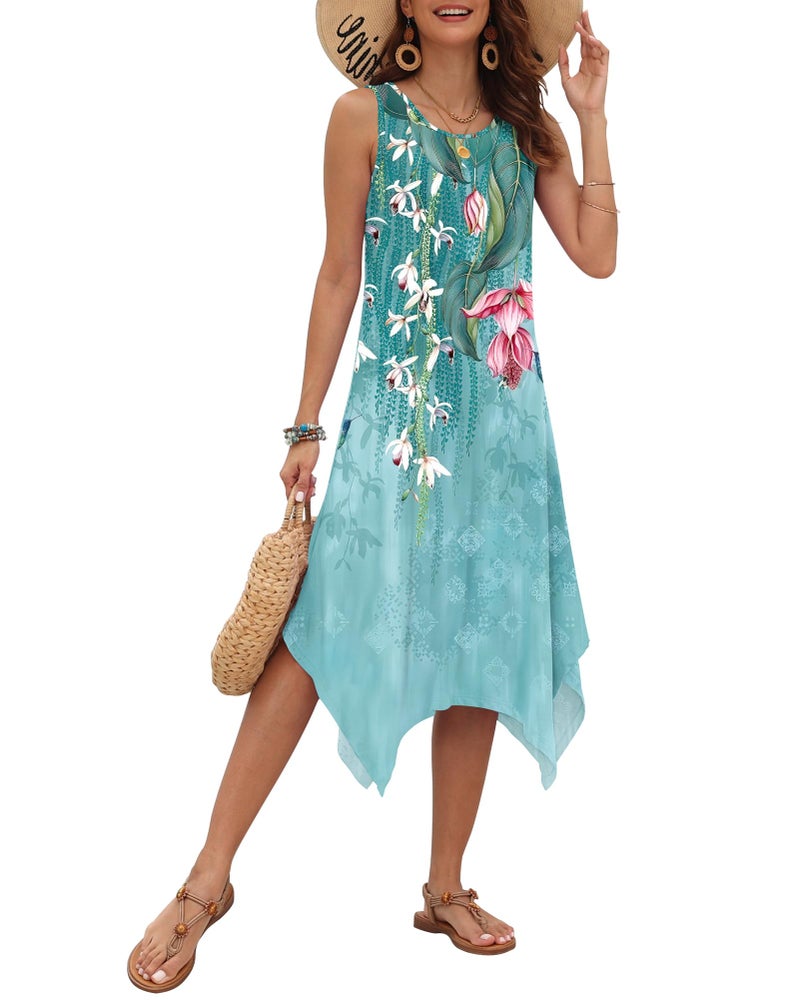AUSELILY Women's Summer Dresses 2026 Casual Sleeveless Sundress Asymmetrical Hem Midi Tank Beach Dress with Pockets BU Flower&Bird M - Image 1