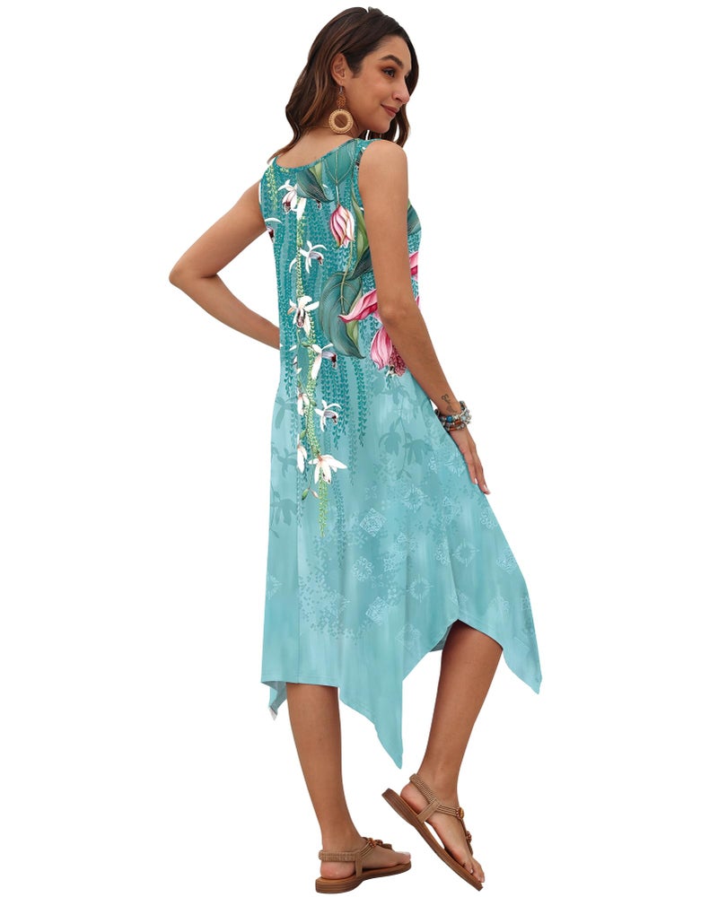 AUSELILY Women's Summer Dresses 2026 Casual Sleeveless Sundress Asymmetrical Hem Midi Tank Beach Dress with Pockets BU Flower&Bird M - Image 4